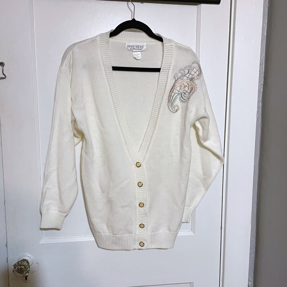 Vtg inner visions Ivory White Cardigan Sweater Size Small Paisley Embroidery